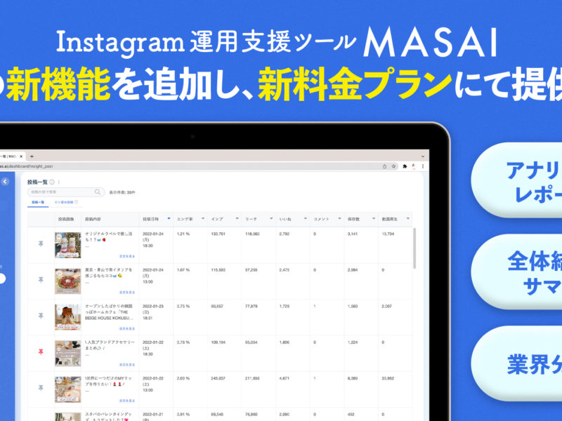 Instagram運用支援ツール「MASAI」、3つの新機能を追加し、新料金プランにて提供を開始